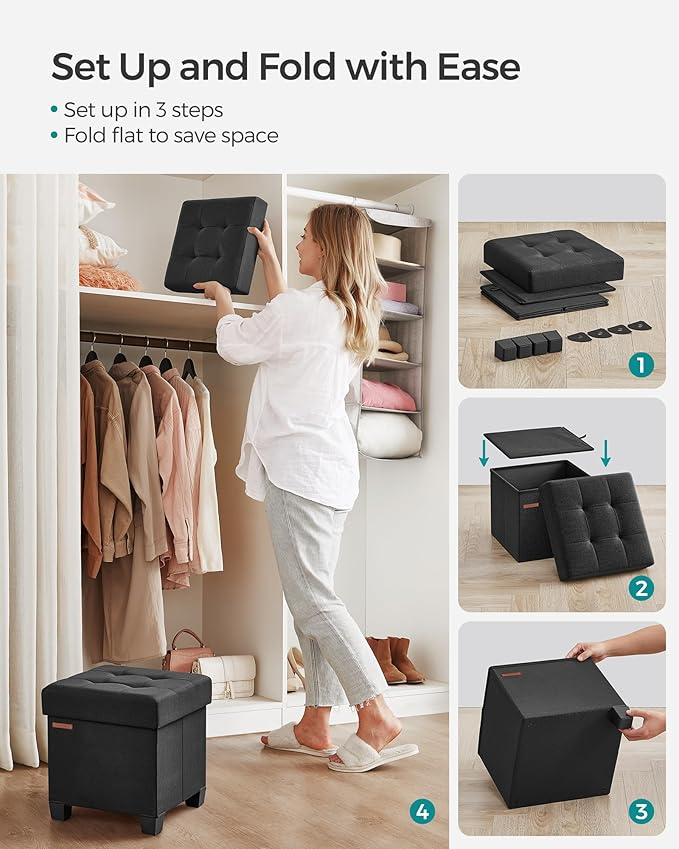 SONGMICS Storage Ottoman, Small Ottoman Foot Rest with Legs, 15 x 15 x 15.7 Inches Foot Stool, Load up to 660 lb, for Living Room, Bedroom, Dorm, Ink Black ULSF014B01