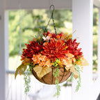 Artificial Fake Hanging Mums Flowers Plants Baskets for Outdoor Outside Decoration, Faux Silk Orange Flower Chrysanthemum UV Resistant Realistic for Porch Patio Balcony Yard Decor