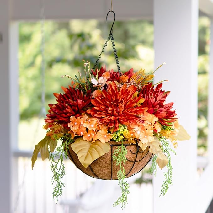 Artificial Fake Hanging Mums Flowers Plants Baskets for Outdoor Outside Decoration, Faux Silk Orange Flower Chrysanthemum UV Resistant Realistic for Porch Patio Balcony Yard Decor
