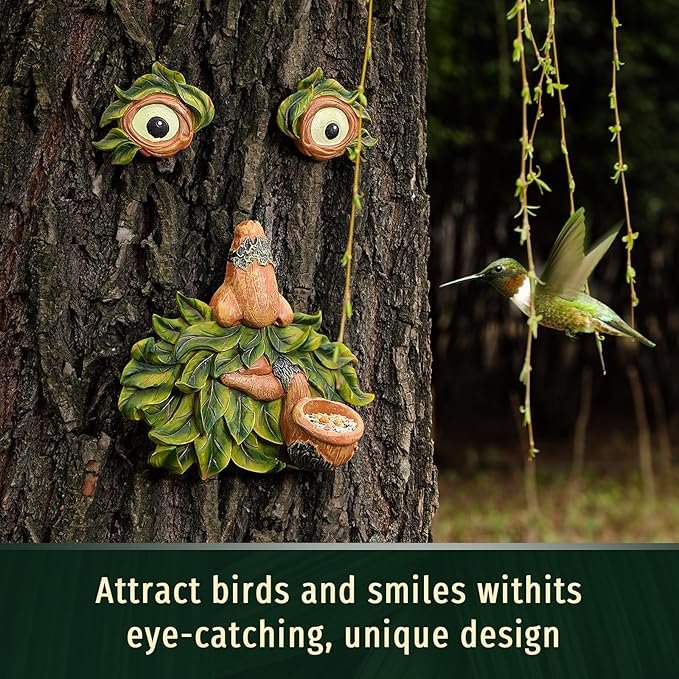 Tree Face Decor Outdoor,Whimsical Outdoor Art with Bird Feeder,Tree Hugger Bark Ghost Face Decoration Funny Yard Art,Garden Creative Decoration (8 INCH)