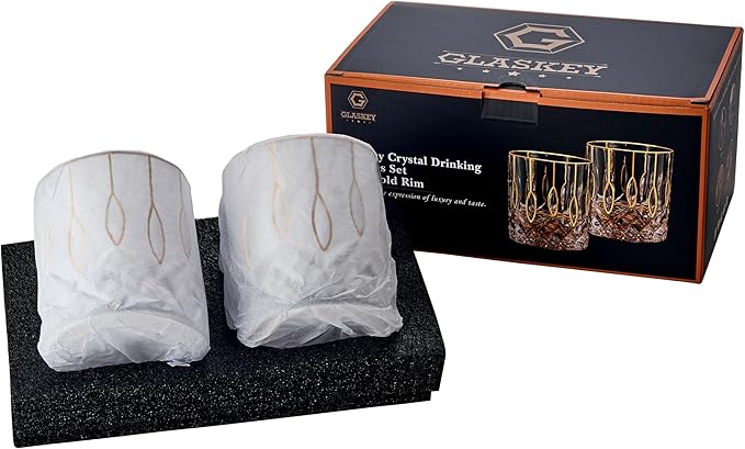 Gold Rim Whiskey Glasses Set of 2,Crystal Old Fashioned Glasses-Luxury Gold Collection,Perfect for Scotch Bourbon Rocks Cognac Vodka Gin Tequila Rum Liquor,Whiskey Gifts for Men