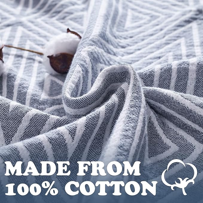 jinchan Boho 100% Cotton Blanket Muslin 50x60 Inches Lightweight 3-Layer Geometric Triangle Striped Pattern Reversible Quilt Throw Soft Breathable Comfy All Seasons for Couch Bed Decor, Blue