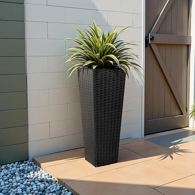 JUMMICO Set of 2 Resin Rattan Tall Planters for Outdoor Plants, Large Tapered Planters with Drainage Holes&Inner Trays, Flower Pots for Garden, Patio, Porch, Backyard (Black, 32'')