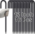 VVOKGO Rebar Stakes 12 Inches J Hook Heavy Duty Chain Link Fence Stakes, 16 Pcs Metal Long Tent Spikes Ground Anchors for Wire Fencing, Dogs Digging, Camping Tents, Swings, Greenhouse, Black