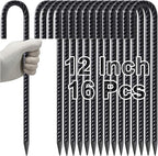 VVOKGO Rebar Stakes 12 Inches J Hook Heavy Duty Chain Link Fence Stakes, 16 Pcs Metal Long Tent Spikes Ground Anchors for Wire Fencing, Dogs Digging, Camping Tents, Swings, Greenhouse, Black