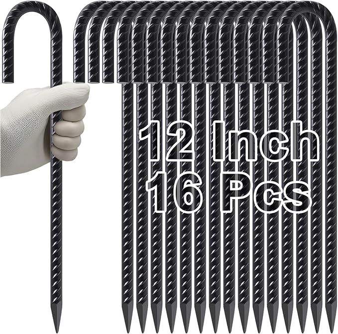 VVOKGO Rebar Stakes 12 Inches J Hook Heavy Duty Chain Link Fence Stakes, 16 Pcs Metal Long Tent Spikes Ground Anchors for Wire Fencing, Dogs Digging, Camping Tents, Swings, Greenhouse, Black