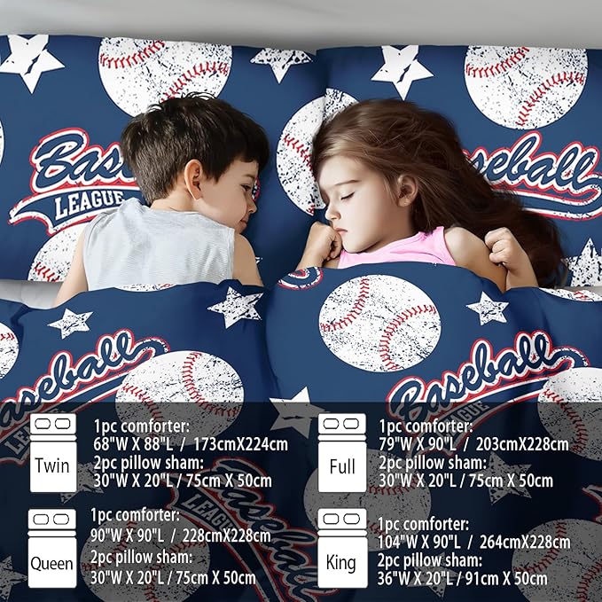 Baseball Comforter Set Queen,Sports Bedding Sets for Boys,Blue Sports Comforter Queen Bedroom Decor,Baseball Bedding Teen for All Seasons,Blue Quilt Kids Bedroom Decor