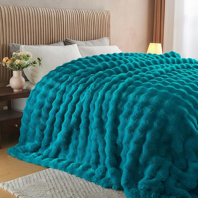 Lotus Karen Faux Fur Throw Blanket Teal - Big Bubble Rabbit Fluff Blanket for Couch Bed Sofa,Softest Fluffy Fuzzy Cozy Blanket,Thick Furry Plush Shaggy Warm Blankets for Women,60x80 Inches