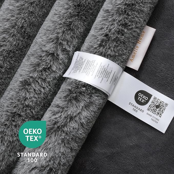 Amélie Home Faux Fur Throw Blanket for Couch, Ultra Cozy Fuzzy Fluffy Fur Luxurious Soft Striped Plush Gift Blankets for Family Sofa Chair Bed Living Room Bedroom, 55"x70", Ionic Wolf Gray