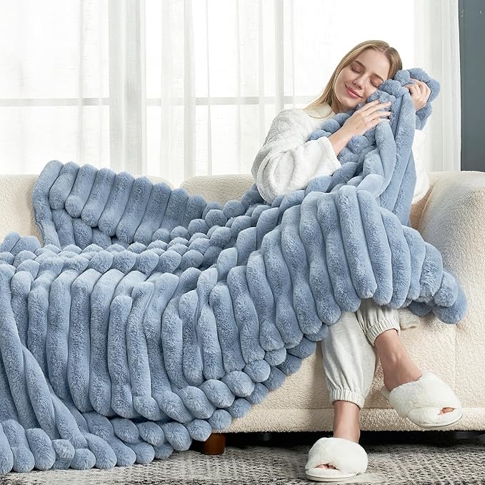 Cozy Bliss Faux Fur Throw Blanket for Couch, Cozy Warm Plush Striped Blanket for Sofa Bedroom Living Room,50 * 60 Inches Light Blue