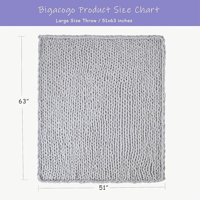 Bigacogo Chunky Knit Throw Blanket for Couch, 51x63 inches, 100% Hand Knitted with Thick Jumbo Chenille Yarn, Cozy Soft Large Rope Knot Cable Crochet Blankets for Sofa Bed Living Room, Light Grey
