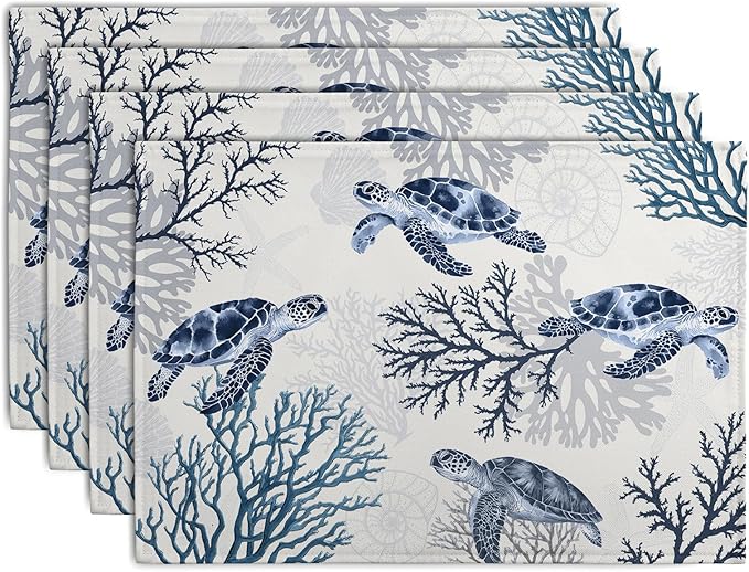 Coastal Beach Placemats Set of 4 Nautical Theme Coral Sea Turtle Navy Blue Place Mat 12x18 Inch Seasonal Summer Ocean Washable Linen Fabric Table Mats for Party Kitchen Dining Decoration