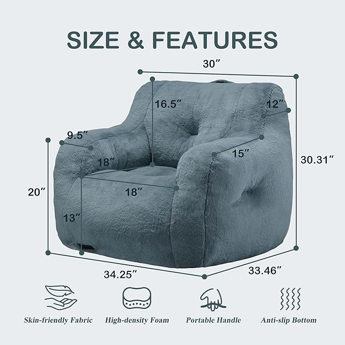 Hobestluk Bean Bag Chair for Adult Small Bean Bag Chairs with Arms Furry Beanbag Chair with Foam Filler Stuffed Bean Bag Sofa for Reading in Bedroom Living Room and Dorms (Blue Grey)