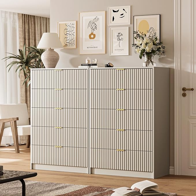 5 Drawer Dresser for Bedroom, Tall Dresser Chest of Drawers with Gold Handles, 32 Inch Wide Nightstand with for Bedroom, Living Rooms, Offices, and Entryways, Beige