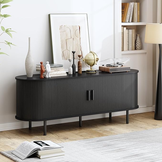 55" TV Stand with Power Outlet, Modern Media Console with Sliding Doors, Entertainment Center for TVs up to 60 Inch, Adjustable Shelves, Black