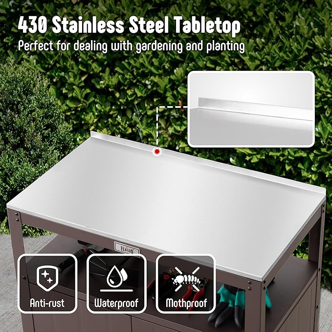 Garden Potting Bench with Storage Cabinet,Outdoor Gardening Table & Work Bench for Plants, Horticulture,Outdoor Workstation with Stainless Steel Tabletop,Outdoor Work Table