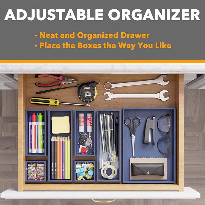 SpaceAid 7-Piece Bamboo Drawer Organizer Storage Boxes Set, Wood Tray Junk Drawer Organizers Multi-Use Divider Bins for Kitchen, Bathroom, Office Desk and Makeup Organization (7 Pack, Navy Blue)