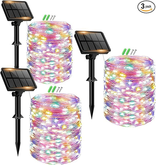 3 Pack Solar Fairy Lights for Outside Waterproof, 49FT/15M 150LED Solar String Lights Outdoor 8 Modes Solar Twinkle Lights for Garden Yard Christmas Tree Wedding Party Decor, Multicolor