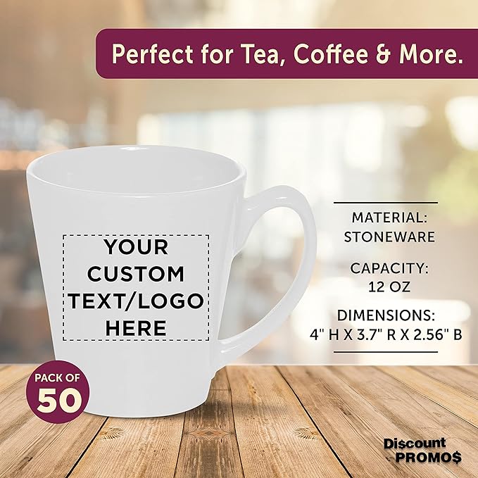 DISCOUNT PROMOS Custom Glossy Ceramic Latte Coffee Mug 12 oz. Set of 50, Personalized Bulk Pack - Perfect for Tea, Espresso, Cappuccino, Hot Cocoa - White