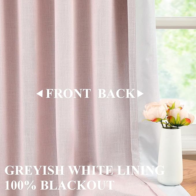 Vision Home Soft Pink Pinch Pleated Full Blackout Curtains Linen Blended Room Darkening Window Curtains 63 inch for Living Room Bedroom Thermal Insulated Pinch Pleat Drapes with Hooks 60" Wx63 Lx1