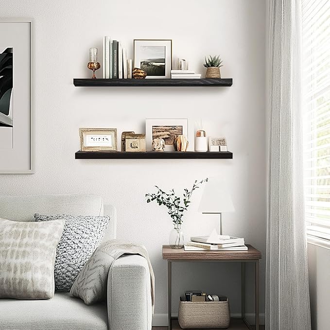 Floating Wall Shelves 2-Pack - 24-Inch Rustic Black Wooden Shelves for Storage and Décor, Easy Installation for Living Room, Bedroom, and Kitchen