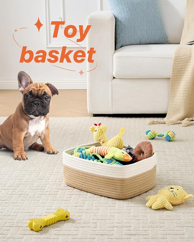 KALLAX Small Woven Basket, 13.5 x 9.5 x 5 Inches, Storage Basket for Organizing, Cute Small Rope Shelf Closet Cube Storage Bins Baskets for Shelves, Dog Toy Gift Baskets Empty, 3 Pack White & Brown