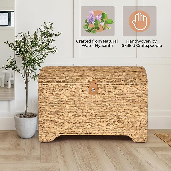 Handwoven Storage Basket with Lid, 178L Wicker Storage Bin, Natural Water Hyacinth, Leather Buckle & Metal Frame, Metal Ring Handles for Easy Transport, Storage Chest & Trunk for Bedroom, Living Room