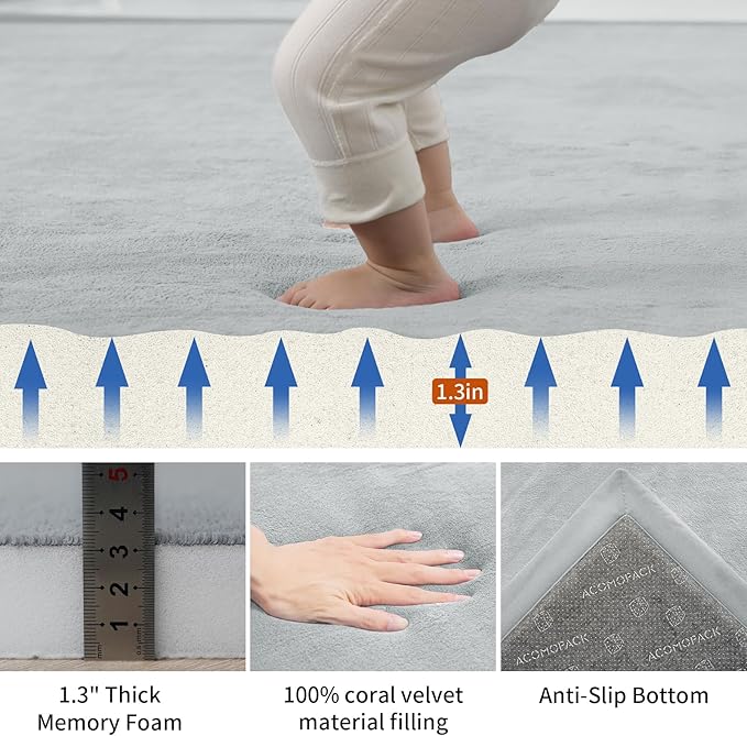 ACOMOPACK Baby Play Mat for Floor,1.3" Thick Memory Foam Area Rug for Living Room,Soft Velvet Crawling with Non-Slip Bottom for Kid,Toddler,79"×118" Tummy Time Nursery Rugs,Yoga（Light Grey）