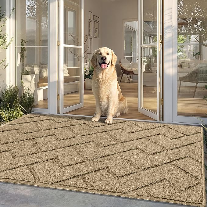 hicorfe Front Door Mat Outside Entrance,36"x59" Absorbent Muddy Dirt Resist Welcome Door Mats Outdoor Indoor,Stain and Fade Resistant,Non Slip Backing Entry Mat Doormat for Entryway(Beige)