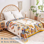 Boho Throw Blanket, 100% Cotton Ultra Soft Luxury Throw Rustic Quilt, 90"x98" Floral Bird Butterfly Farmhouse Decor Bed Blankets, All Season Rustic Reversible Bohemian Throw for Bed - Yellow