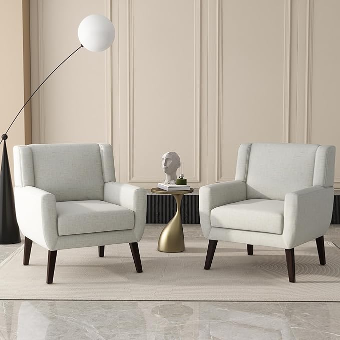 UIXE Accent Chairs Set of 2, Fabric Upholstered Armchair for Living Room, Comfy Arm Chair Single Sofa Bedroom Side Reading Seat - Flax Beige