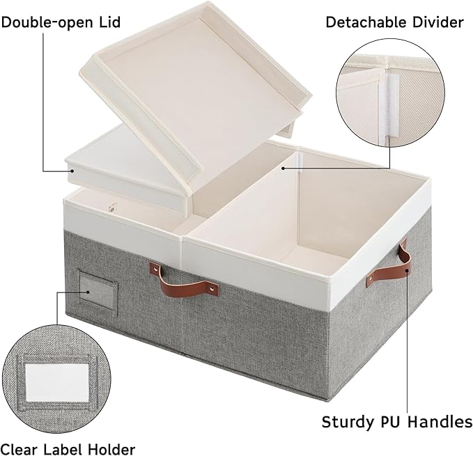 GRANNY SAYS Decorative Storage Boxes with Lid, Large Storage Bins with Double-Open Lid and Divider, Fabric Storage Bins for Clothes, Linen Storage Bins, 63L Closet Storage Bins, White&Gray