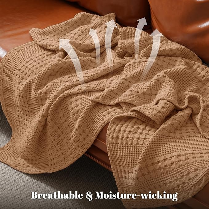 PHF 100% Cotton Waffle Weave Blanket Twin Size, Soft Lightweight Breathable Cozy Summer Blankets for Bed, Luxury Aesthetic Woven Bedding for Home Decor, 66"x90", Camel