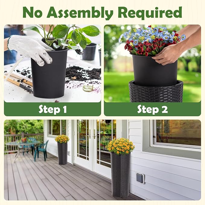 IDZO All Weather Wicker Planters for Outdoor Plants Set of 2, 24 inch Tall Black Planter for Front Porch, Patio, Balcony, Indoor Usage - Round Rattan Flower Pots