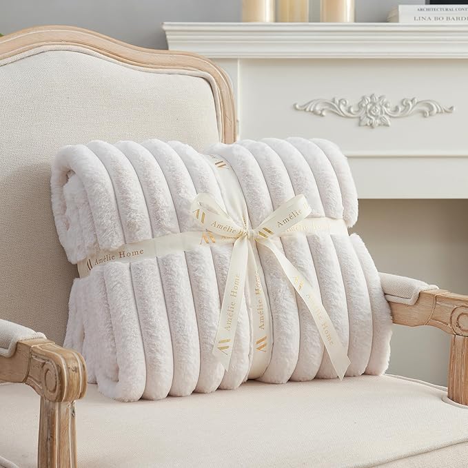 Amélie Home Faux Fur Throw Blanket for Couch, Cozy Fuzzy Fluffy Fur Luxurious Soft Striped Plush Gift Blankets for Family Sofa Chair Bed Living Room Bedroom, 60"x80", Ivory