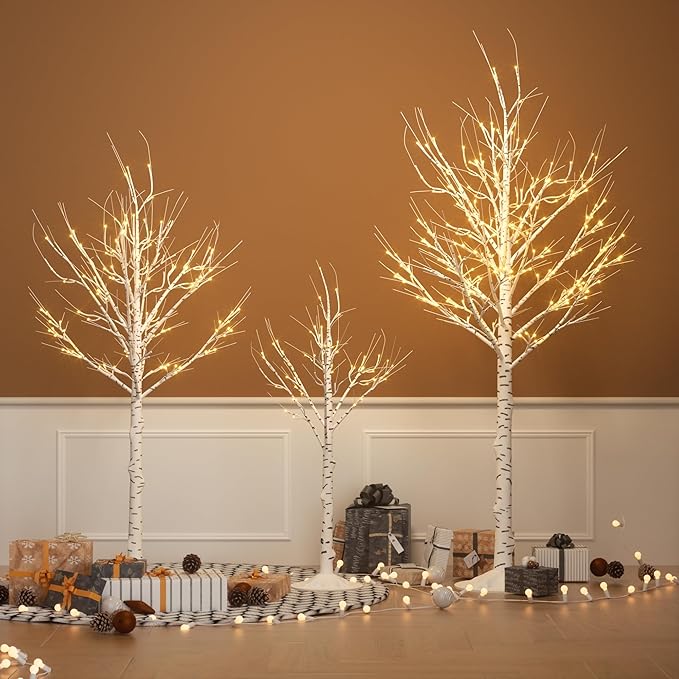 Outdoor Christmas Decorations Lighted Birch Tree Set of 3, LED Warm White 4, 6 and 8 Feet, for Indoor Christmas Decor, Party, Garden, Yard, Wedding, Holiday