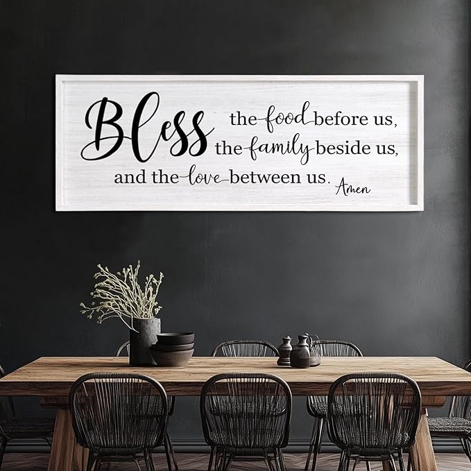 Bless the Food Before Us, the Family Beside Us, and the Love between us Framed Wall Art for Dining Room, 40''×15'' Holy Positive Religious Rustic Bible Verse for Christian God Jesus Christ Prayer