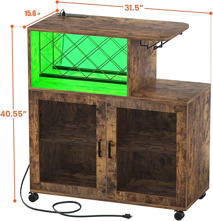 Wine Bar Cabinet with Wheels, Small Liquor Cabinet with LED Light, Home Bar Cart with Power Outlets, Coffee Bar with Wine Rack, Glasses Storage for Kitchen, Dining Room, Living Room, Vintage