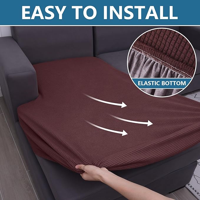 hyha Waterproof Sectional Couch Covers, Non Slip Sofa Couch Cushion Covers L Shape, Thick Stretch Jacquard Fabric, Washable Sofa Slipcovers with Elastic Bottom (1 Piece for Chaise, Chocolate)