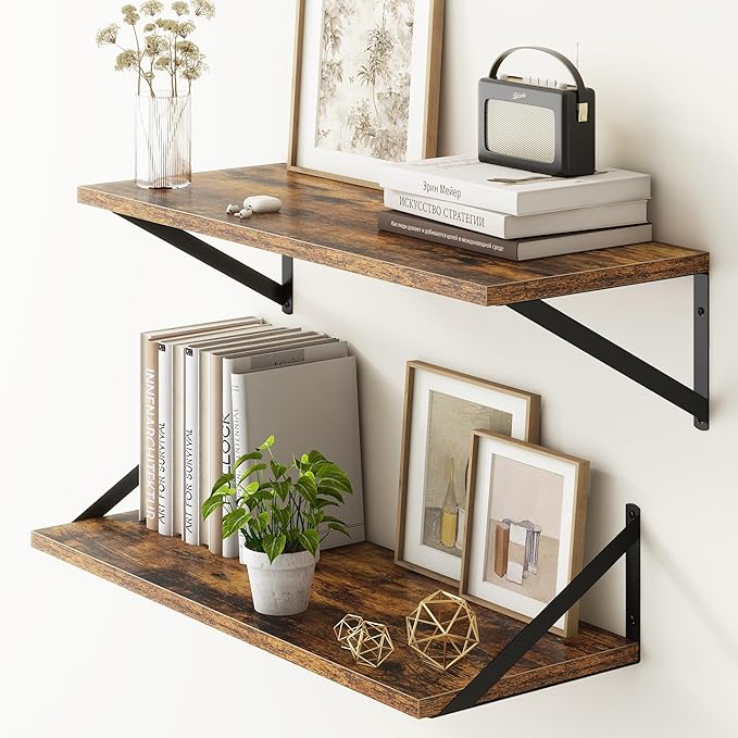 Fun Memories 27.5" W x10 D Floating Shelves, Large Wall Shelves 27.5 Inch Long, Set of 2, Farmhouse Wood Floating Shelf Wall Mounted, Deep Shelves for Bathroom, Living Room, Kitchen, Rustic Brown