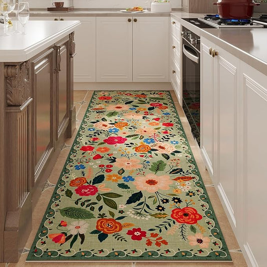 Runner Rug for Hallways Kitchen Rug Non Slip 2'x 6' Washable Rugs with Rubber Backing Soft Floral Carpet Runner for Hallways, Kitchen, Laundry, Bedroom, Bathroom(Green)