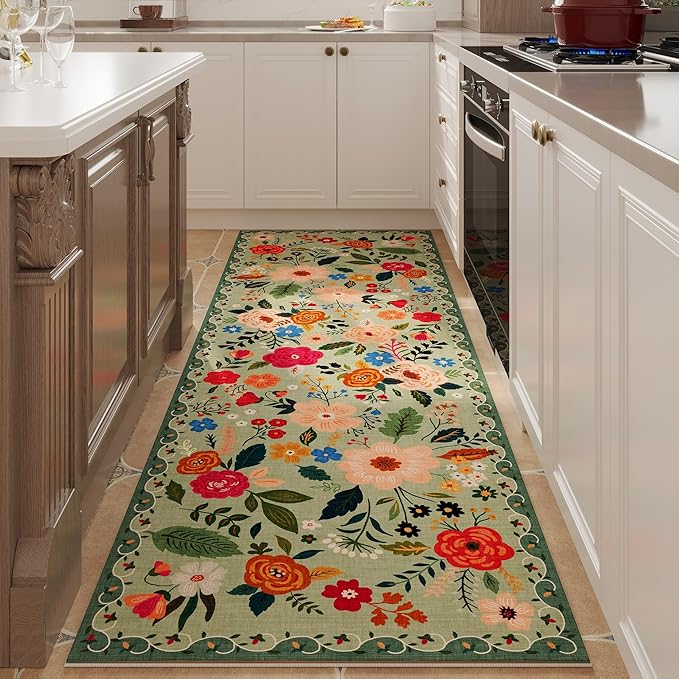 Runner Rug for Hallways Kitchen Rug Non Slip 2'6''x8' Washable Runner Rugs with Rubber Backing Soft Floral Carpet Runner for Hallways, Kitchen, Laundry, Bedroom, Bathroom(Green)
