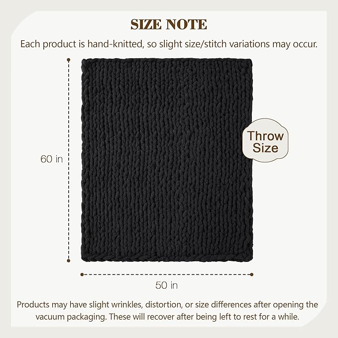 Carriediosa Chunky Knit Throw Blanket 50" X 60", 100% Hand Made Large Chenille Loop Yarn Soft Fluffy Throws for Couch Sofa Bed, Big Crochet Cozy Heavy Thick Cable Woven Blankets, Black