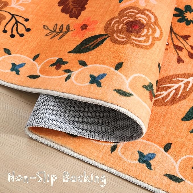 Bedroom Rug 3x5 Rug Washable Area Rug Non Slip Low Pile Boho Floral Small Carpet for Bedroom, Bedside, Kitchen, Entryway, Kids Room, Office, College Dorm Essentials for Girls(Yellow)