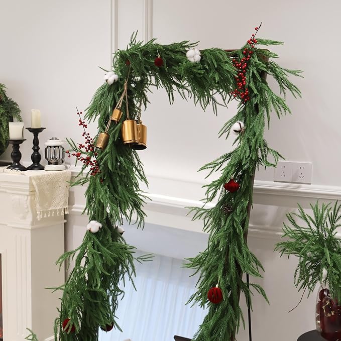 Senjie 6FT 2PCS Christmas Garlands Norfolk Pine Garland Real Touch Artificial Faux Greenery Garland for Holiday Indoor Outdoor Decor