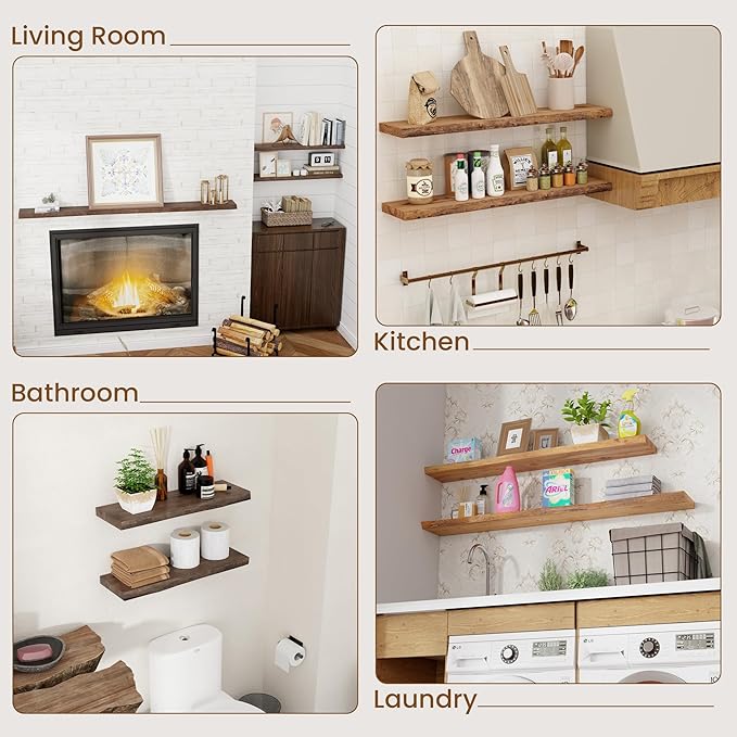 Floating Shelves for Wall Decor, Rustic Solid Elm Wood Live Edge Floating Shelves Wall Mounted, Wall Shelves with Invisible Bracket for Living Room Bathroom Bedroom Kitchen, 55 Inch, Natural