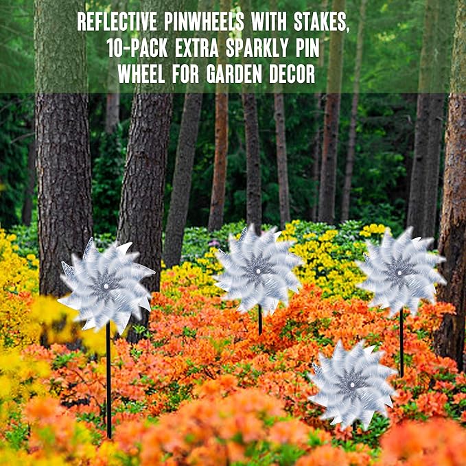 Hausse 10 Pack Reflective Pinwheels with Stakes (Assembly Required), Extra Sparkly Pin Wheel for Garden Decor, Bird Repellent Devices Deterrent to Scare Birds Away from Yard Patio Farm
