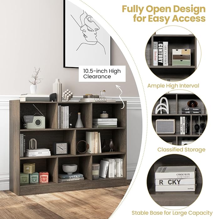 Tangkula 8-Cube Bookcase, Wood 3 Tier Open Storage Bookshelf, Modern Multipurpose Display Cabinet for Living Room, Study, Reading Nook, 48 x 12.5 x 36.5 Inch, Grey