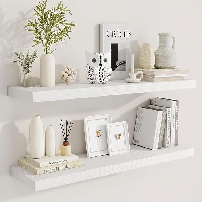 36 Inch Floating Shelves, 9.3 Inch Deep Rustic Wall Shelves - Extra Deeper Wall Mounted Storage Shelves for Bathroom, Kitchen, Living Room (White, Set of 2)