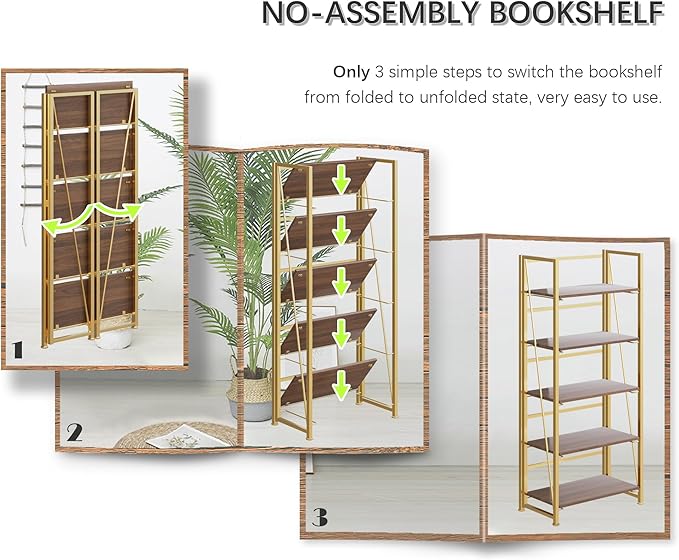 4NM No Assembly Foldable Bookshelf, 5-Shelf Collapsible Bookcase Storage for Small Spaces, 62.2" H, Brown and Golden